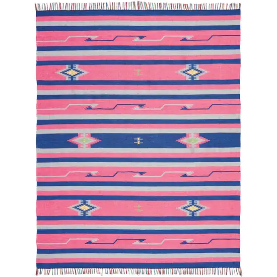 Pink and Blue Southwestern Handmade Area Rug With Fringe Photo 1