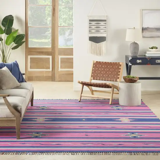 Pink and Blue Southwestern Handmade Area Rug With Fringe Photo 6