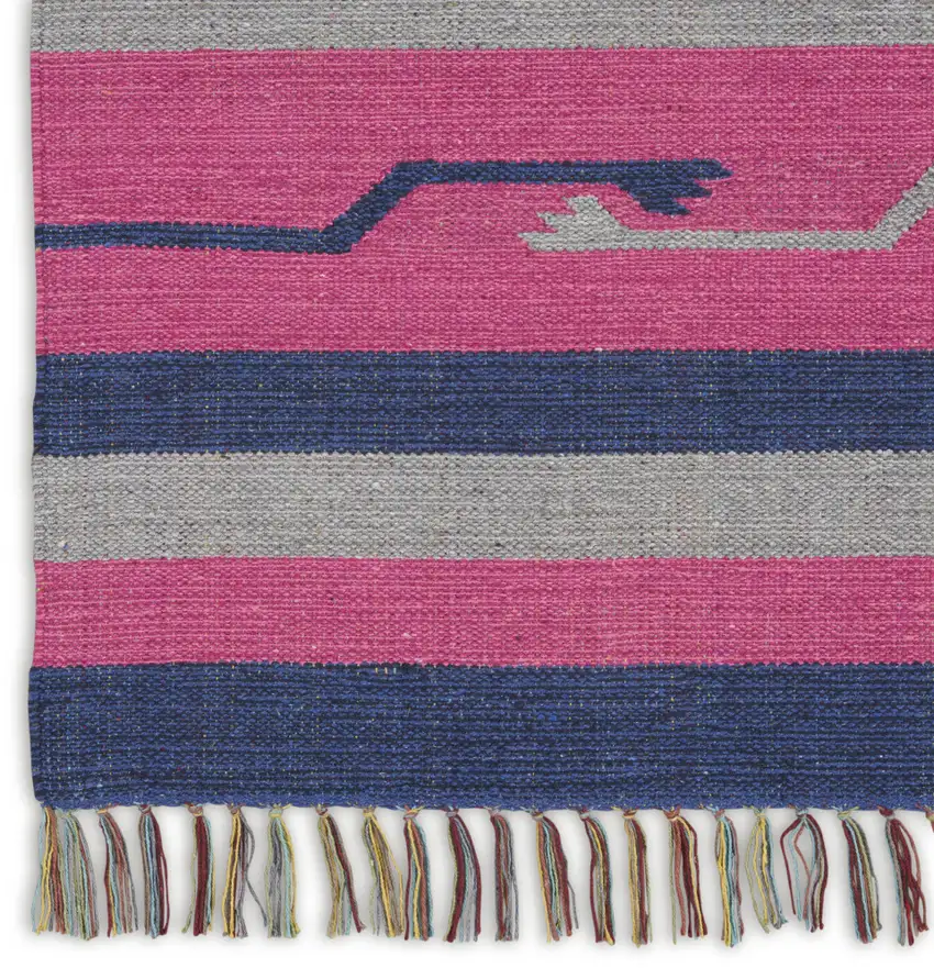 Pink and Blue Southwestern Handmade Area Rug With Fringe Photo 8