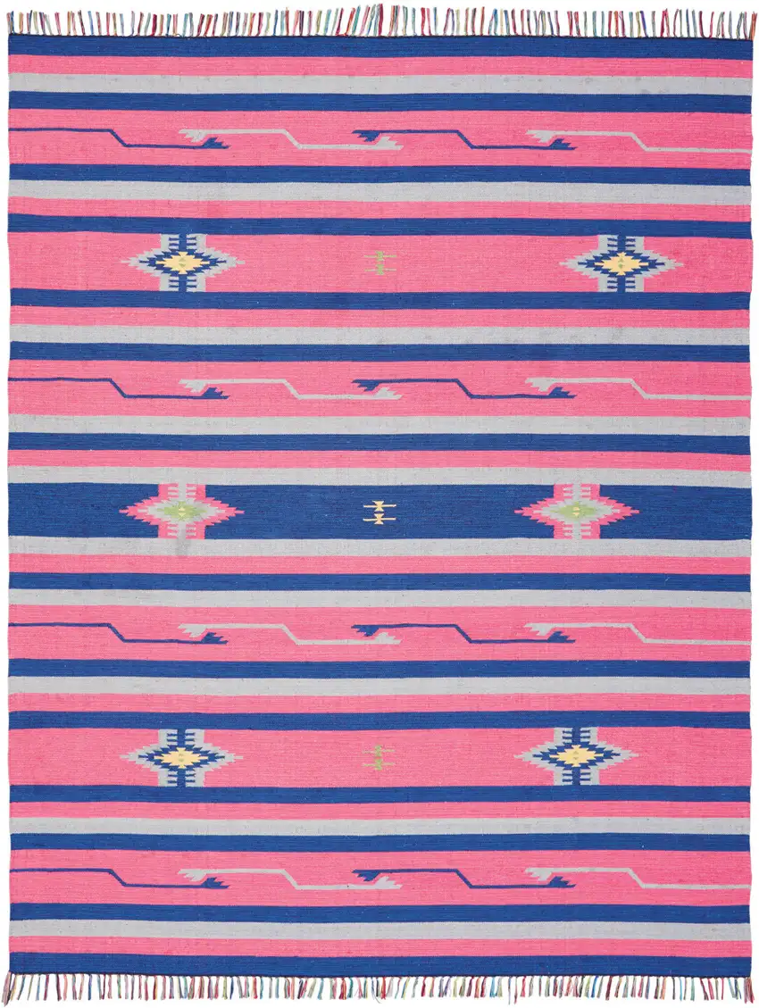Pink and Blue Southwestern Handmade Area Rug With Fringe Photo 8