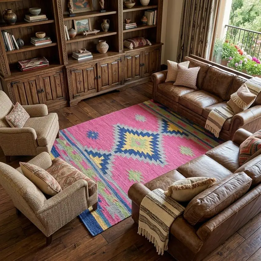 Pink and Blue Southwestern Handmade Area Rug With Fringe Photo 1