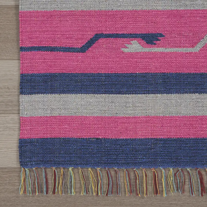 Pink and Blue Southwestern Handmade Area Rug With Fringe Photo 8