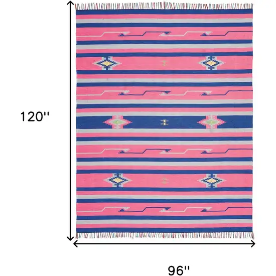 Pink and Blue Southwestern Handmade Area Rug With Fringe Photo 3