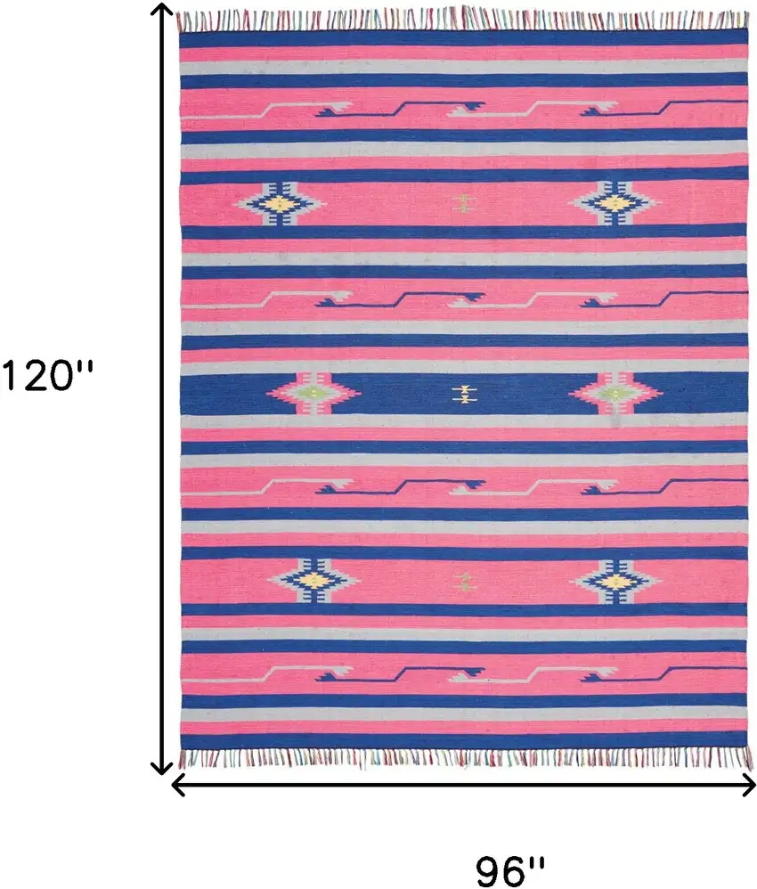 Pink and Blue Southwestern Handmade Area Rug With Fringe Photo 3