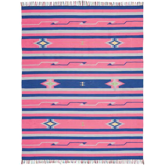 Pink and Blue Southwestern Handmade Area Rug With Fringe Photo 1