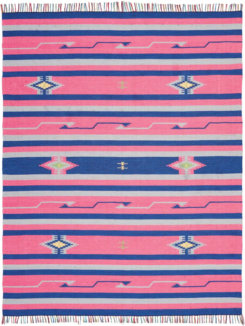 Pink and Blue Southwestern Handmade Area Rug With Fringe Photo 1