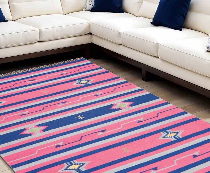 Pink and Blue Southwestern Handmade Area Rug With Fringe Photo 2