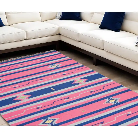 Pink and Blue Southwestern Handmade Area Rug With Fringe Photo 2