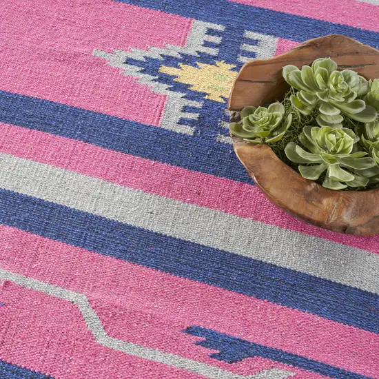 Pink and Blue Southwestern Handmade Area Rug With Fringe Photo 4