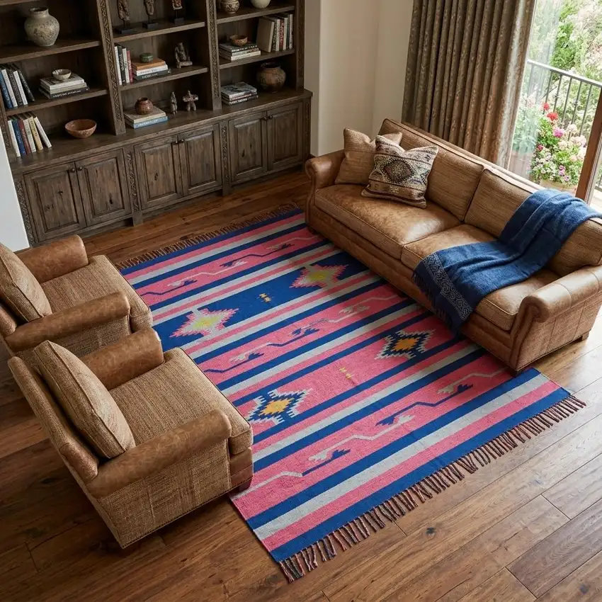Pink and Blue Southwestern Handmade Area Rug With Fringe Photo 1