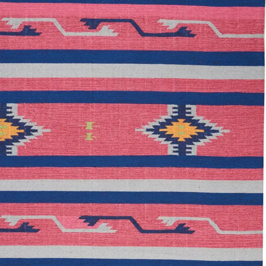 Pink and Blue Southwestern Handmade Area Rug With Fringe Photo 2