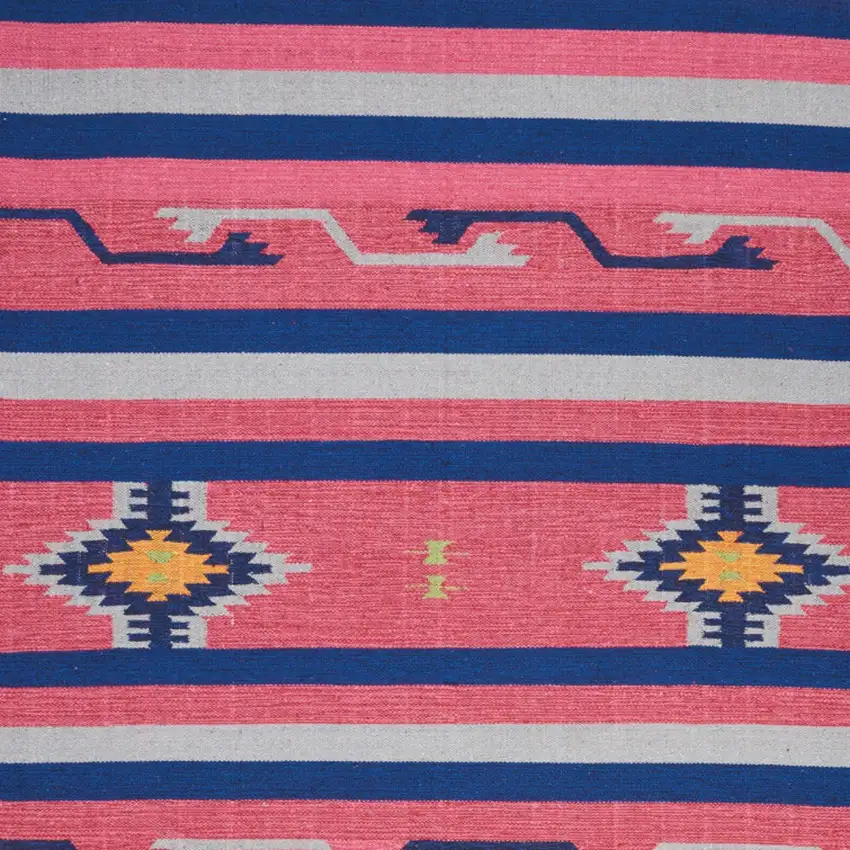 Pink and Blue Southwestern Handmade Area Rug With Fringe Photo 7