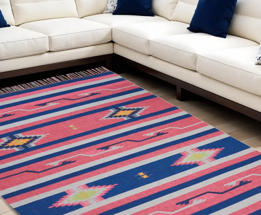 Pink and Blue Southwestern Handmade Area Rug With Fringe Photo 2
