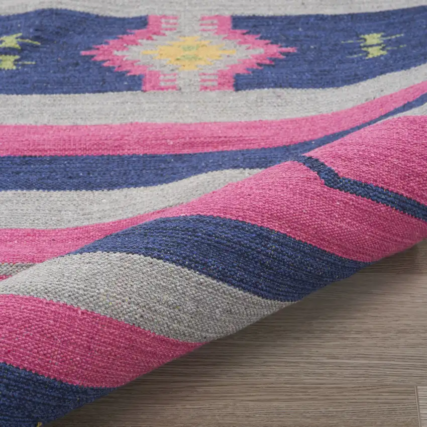 Pink and Blue Southwestern Handmade Area Rug With Fringe Photo 9