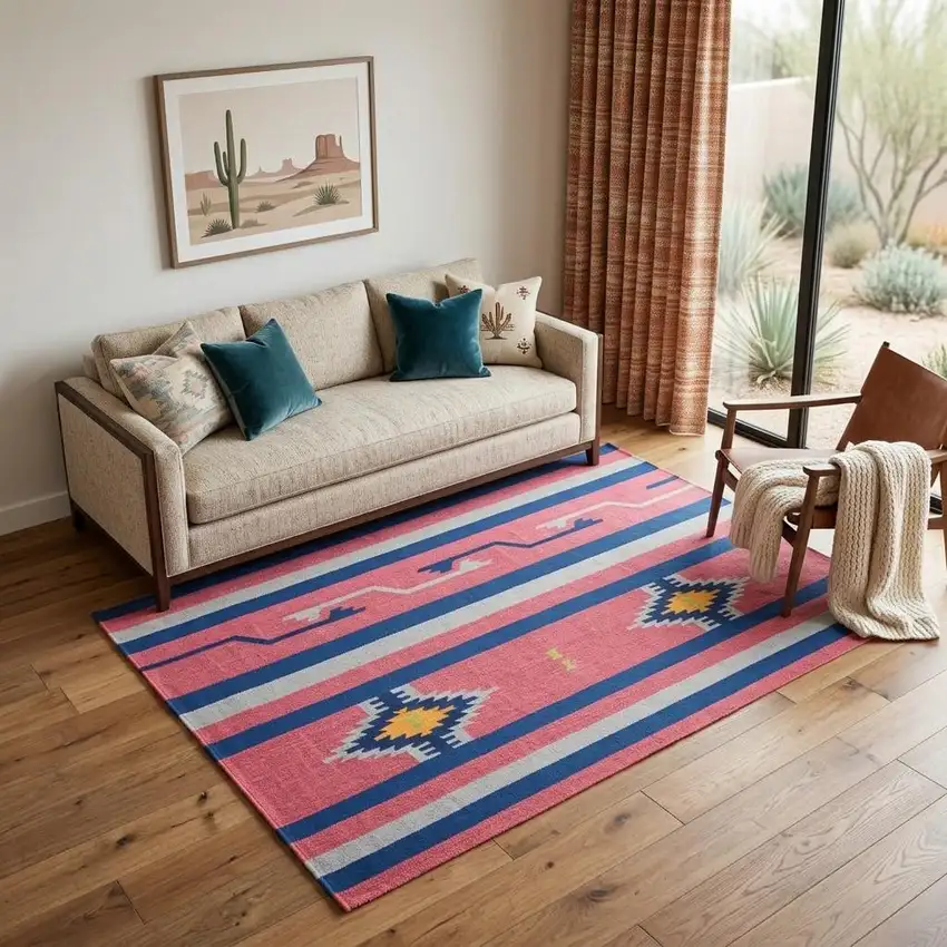Pink and Blue Southwestern Handmade Area Rug With Fringe Photo 1