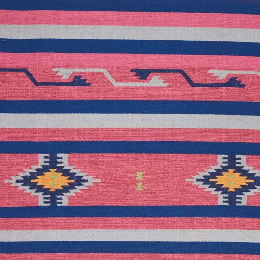 Pink and Blue Southwestern Handmade Area Rug With Fringe Photo 2