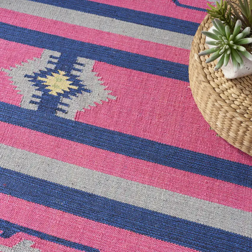 Pink and Blue Southwestern Handmade Area Rug With Fringe Photo 8