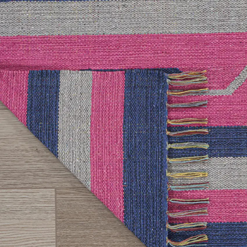 Pink and Blue Southwestern Handmade Area Rug With Fringe Photo 8