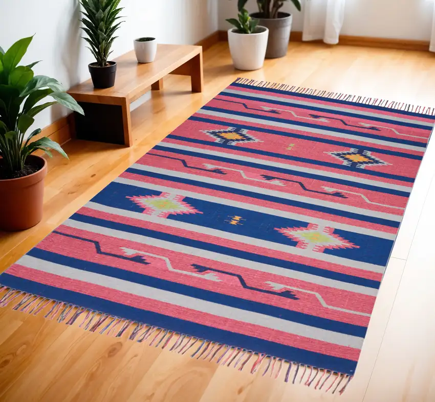 Pink and Blue Southwestern Handmade Area Rug With Fringe Photo 1