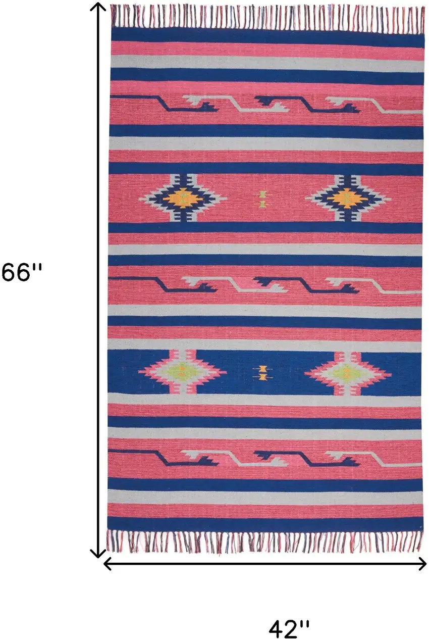 Pink and Blue Southwestern Handmade Area Rug With Fringe Photo 3