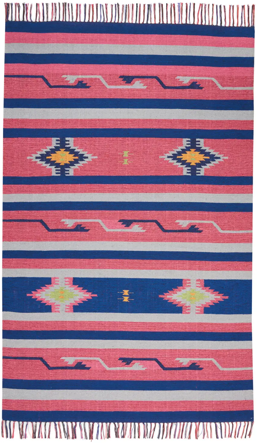 Pink and Blue Southwestern Handmade Area Rug With Fringe Photo 1