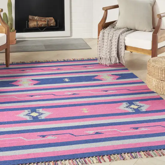 Pink and Blue Southwestern Handmade Area Rug With Fringe Photo 3