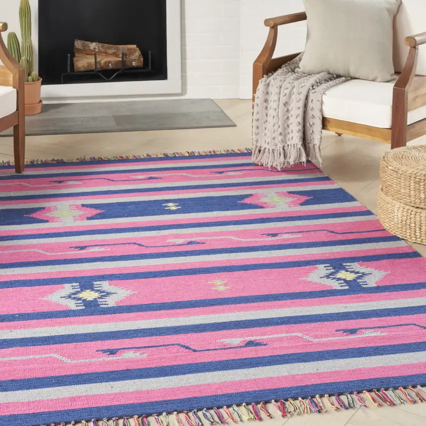 Pink and Blue Southwestern Handmade Area Rug With Fringe Photo 3