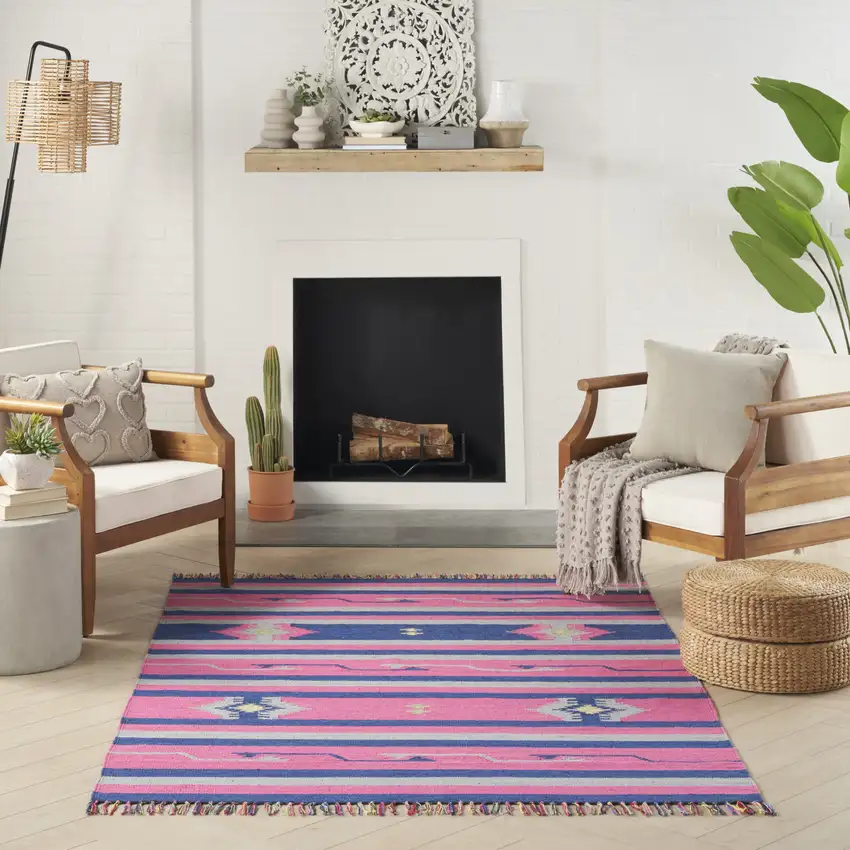 Pink and Blue Southwestern Handmade Area Rug With Fringe Photo 4