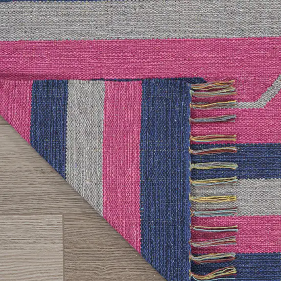 8' Pink And Blue Southwestern Handmade Runner Rug With Fringe Photo 9