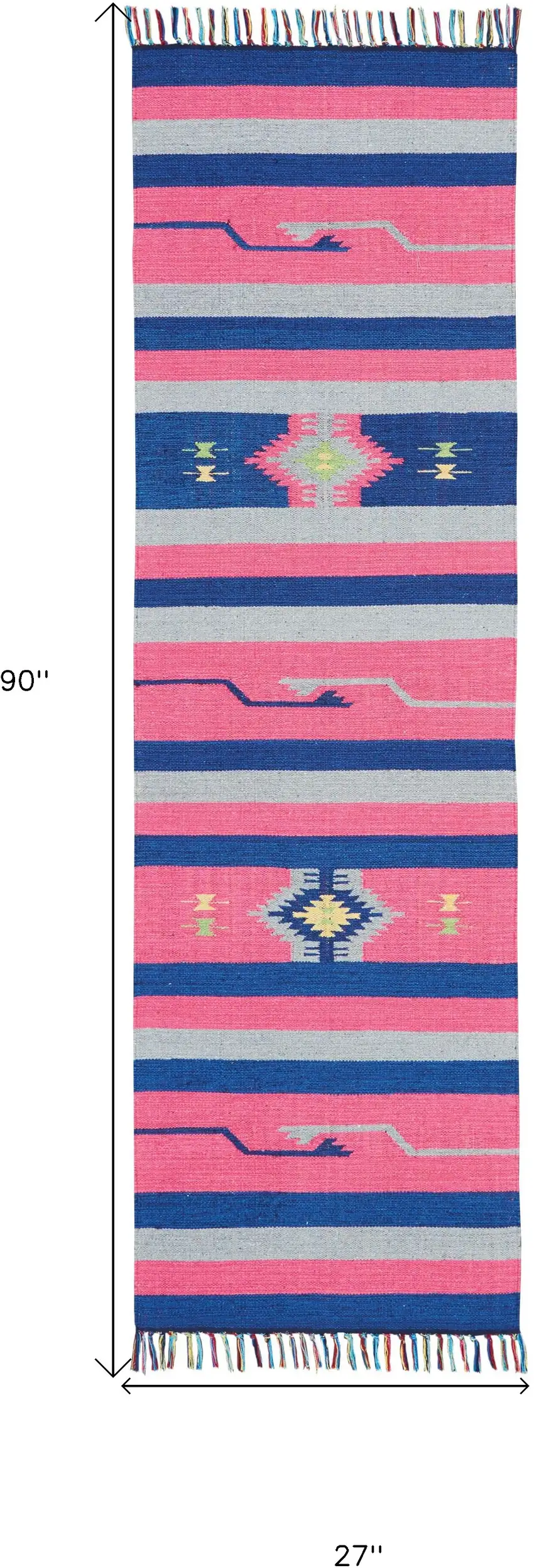 Pink and Blue Southwestern Handmade Runner Rug With Fringe Photo 3