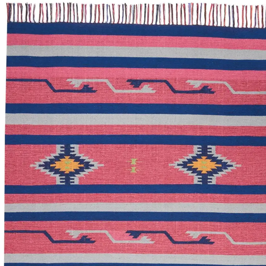 8' Pink And Blue Southwestern Handmade Runner Rug With Fringe Photo 6