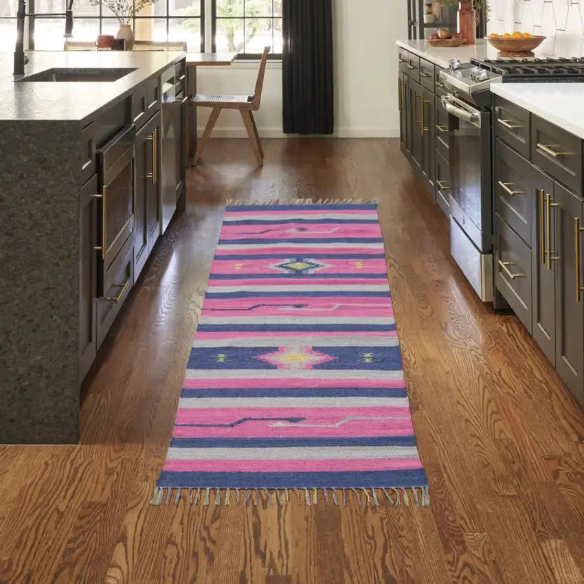 Pink and Blue Southwestern Handmade Runner Rug With Fringe Photo 9