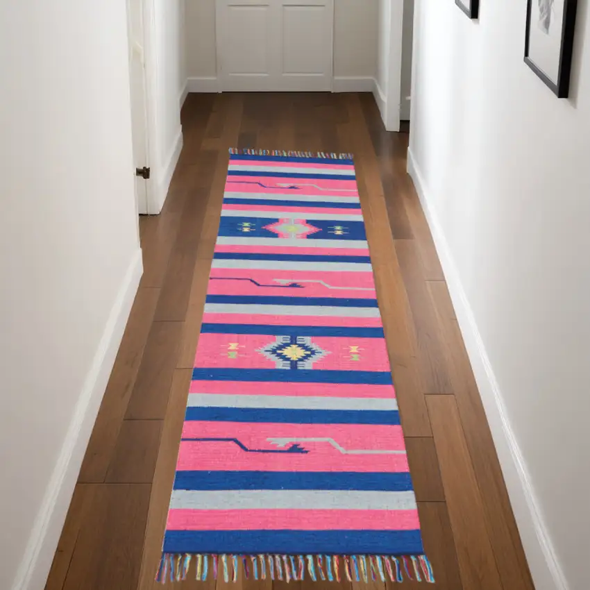 Pink and Blue Southwestern Handmade Runner Rug With Fringe Photo 1