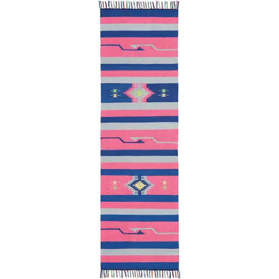 8' Pink And Blue Southwestern Handmade Runner Rug With Fringe Photo 1