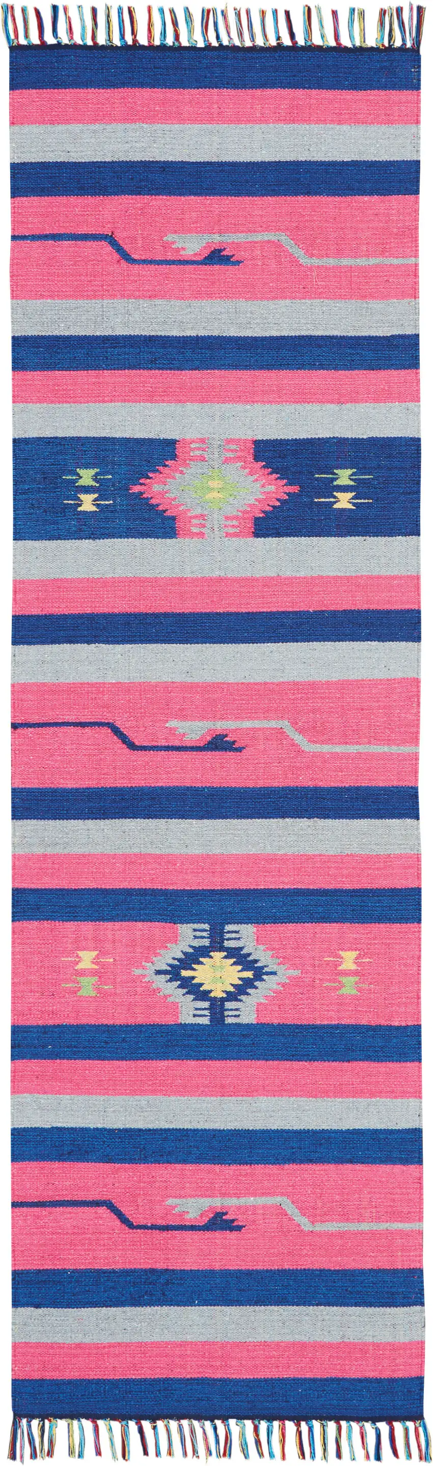 8' Pink And Blue Southwestern Handmade Runner Rug With Fringe Photo 1
