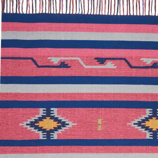 8' Pink And Blue Southwestern Handmade Runner Rug With Fringe Photo 2