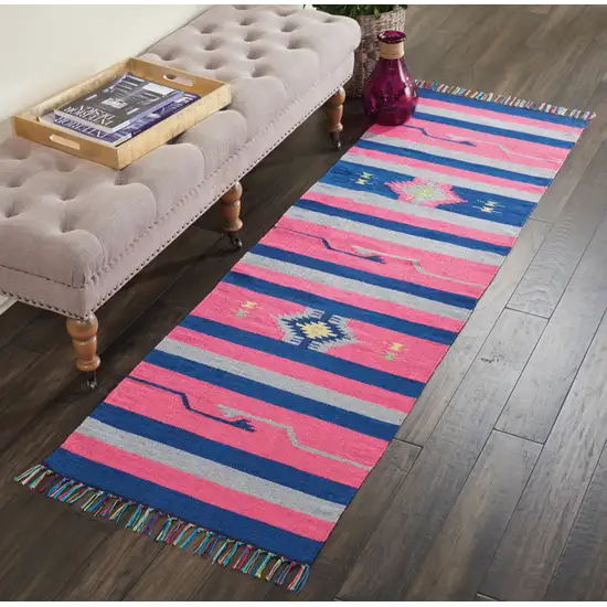 8' Pink And Blue Southwestern Handmade Runner Rug With Fringe Photo 5