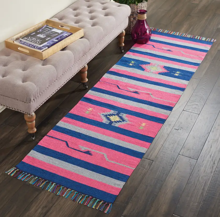 8' Pink And Blue Southwestern Handmade Runner Rug With Fringe Photo 5