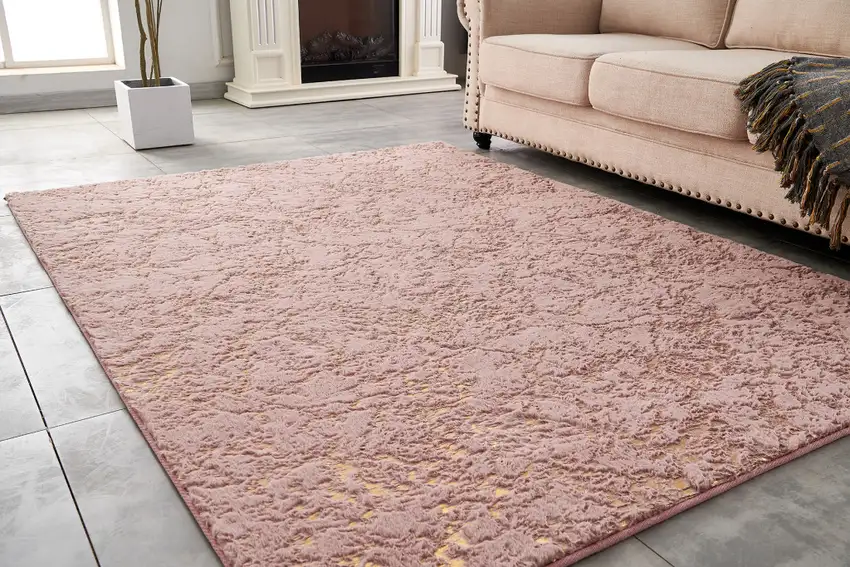 Pink and Gold Faux Fur Abstract Shag Non Skid Area Rug Photo 9