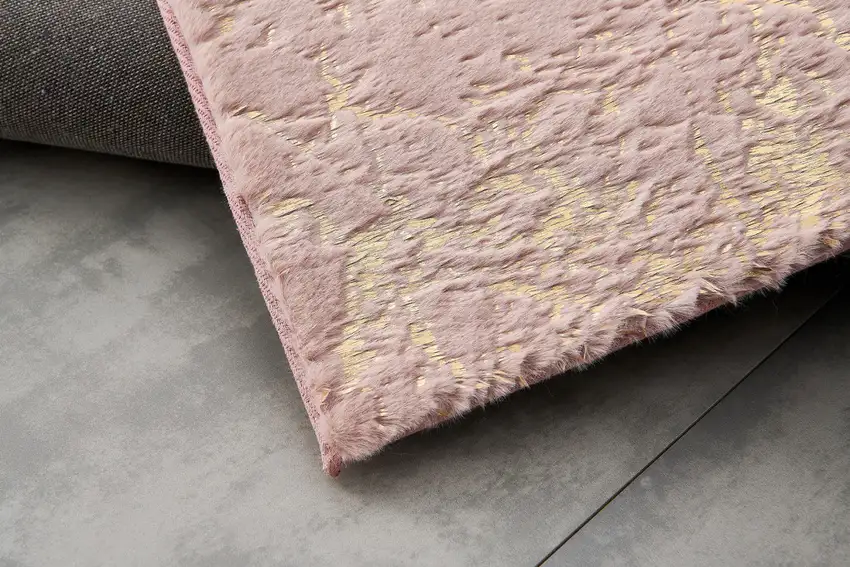 Pink and Gold Faux Fur Abstract Shag Non Skid Area Rug Photo 5
