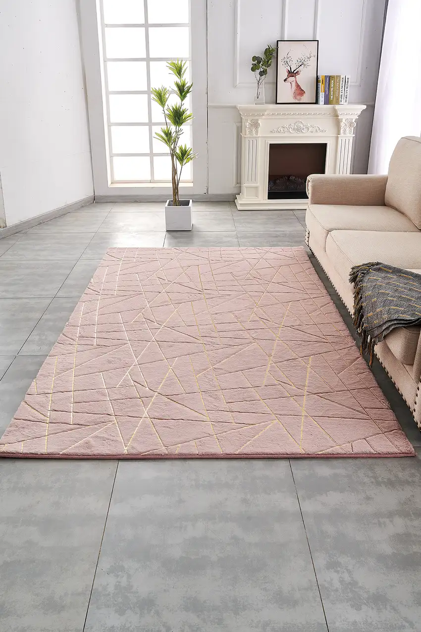 Pink and Gold Faux Fur Abstract Shag Non Skid Area Rug Photo 9