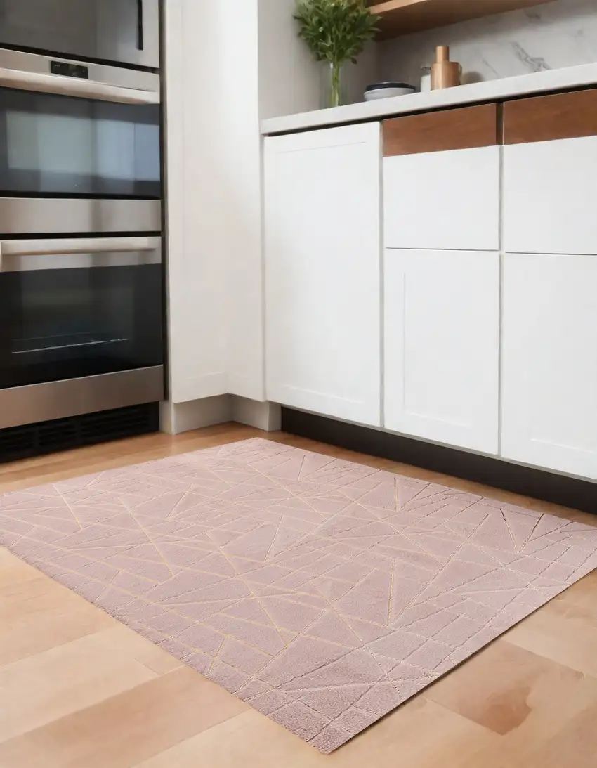 Pink and Gold Faux Fur Abstract Shag Non Skid Area Rug Photo 2