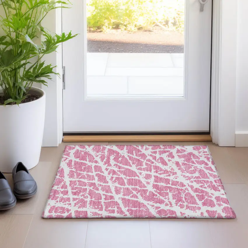 Pink and Ivory Abstract Washable Non Skid Indoor Outdoor Area Rug Photo 9