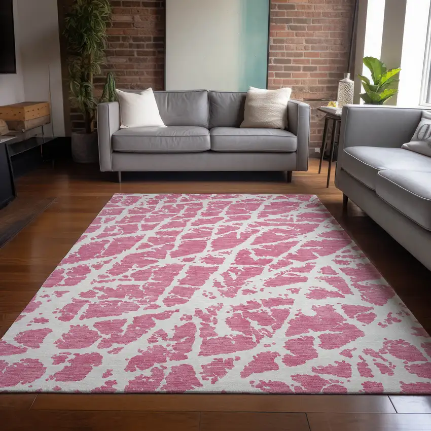 Pink and Ivory Abstract Washable Non Skid Indoor Outdoor Area Rug Photo 9