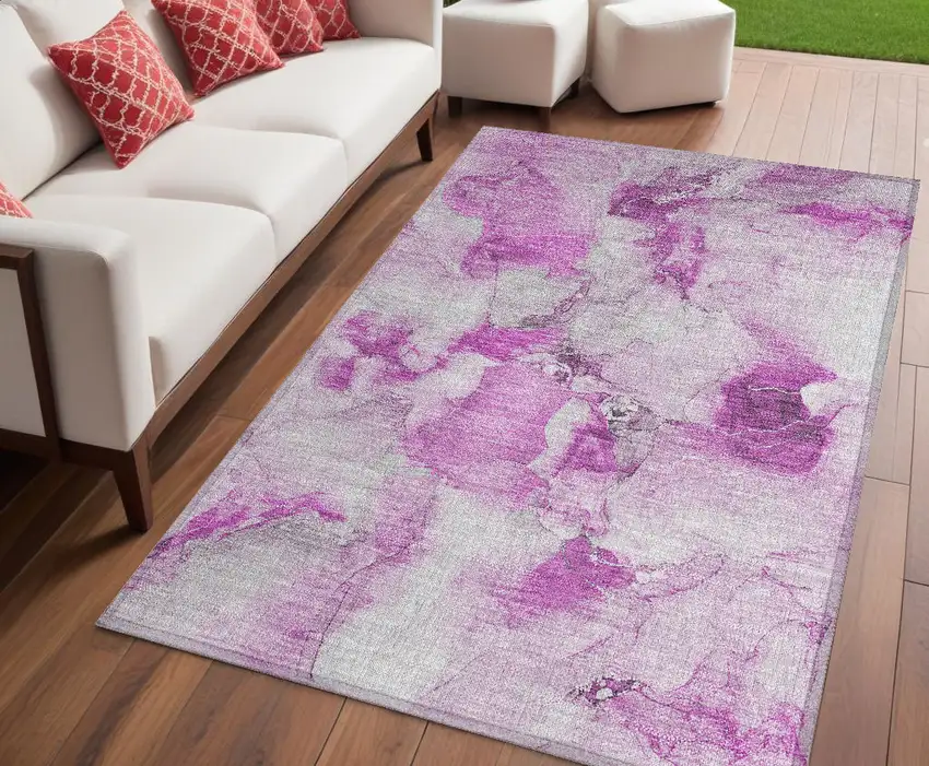 Pink and Ivory Abstract Washable Non Skid Indoor Outdoor Area Rug Photo 1