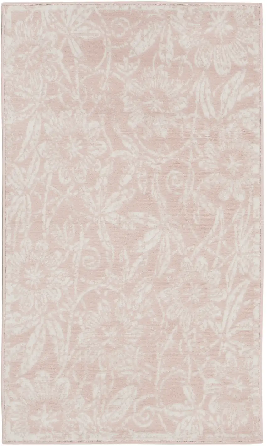 Pink and Ivory Floral Distressed Area Rug Photo 2
