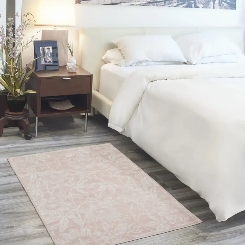 Pink and Ivory Floral Distressed Area Rug Photo 3