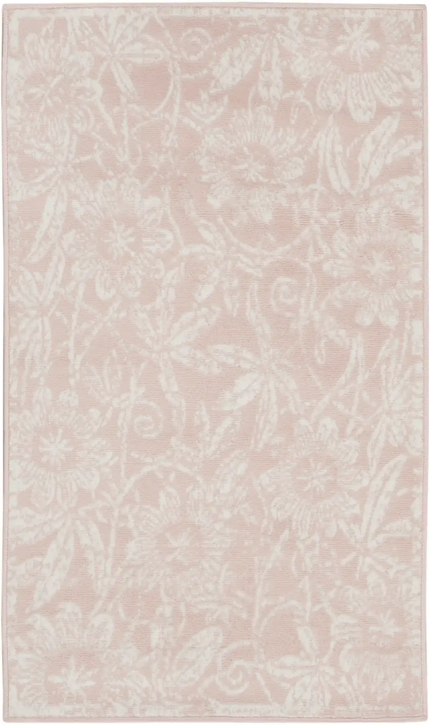 Pink and Ivory Floral Distressed Area Rug Photo 1