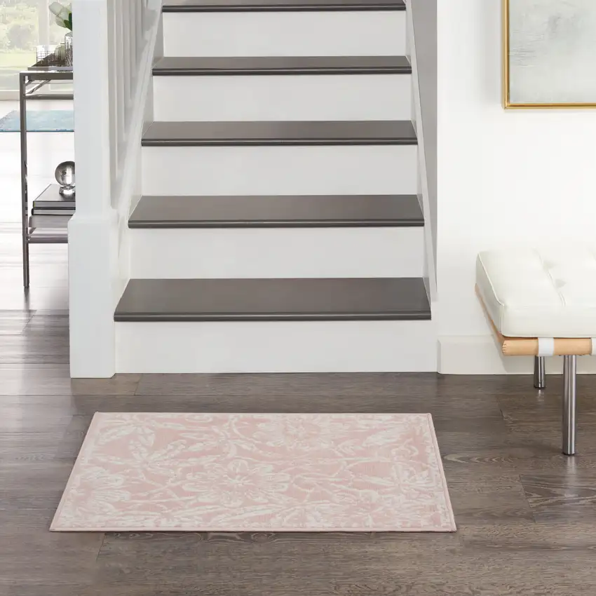 Pink and Ivory Floral Distressed Area Rug Photo 8