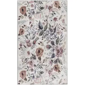 Photo of Pink and Ivory Floral Power Loom Washable Non Skid Area Rug